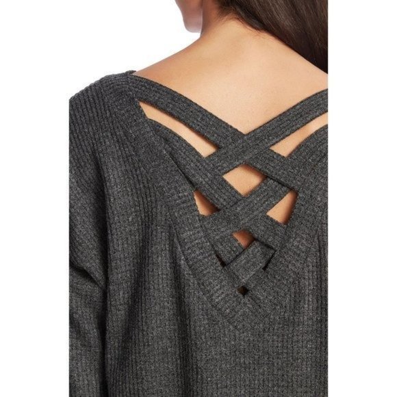 1.STATE Lattice V-Back Waffle Weave Sweater - NWT - Charcoal Grey - Picture 4 of 4